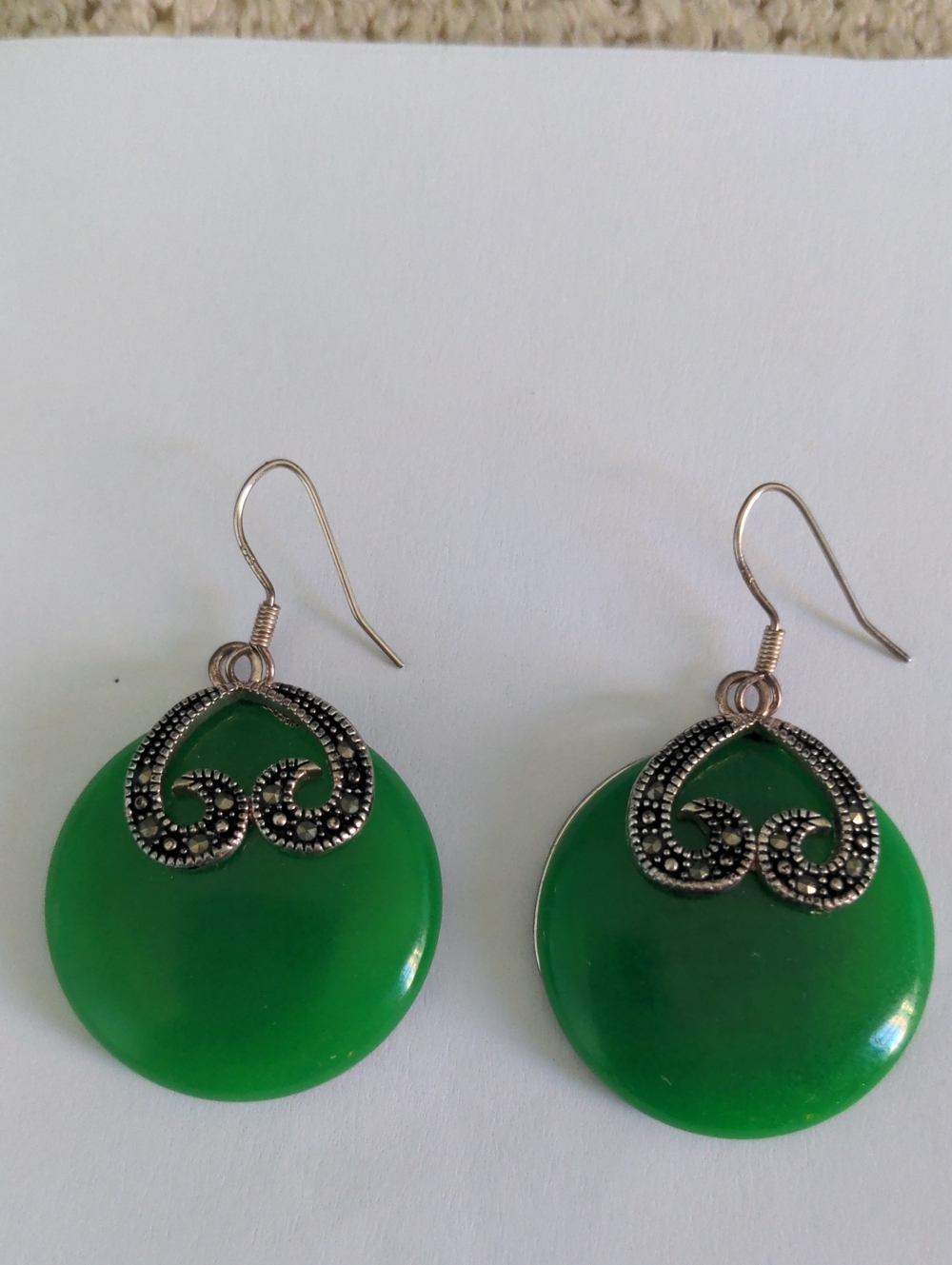 New Sterling Silver Green Onyx Drop Dangle Earrings, Marcasite, Statement, 2"